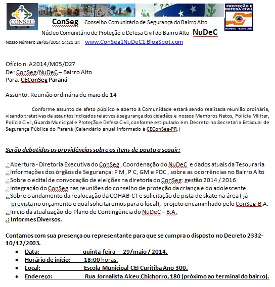 Reunião Ordinária do CONSEG Bairro Alto