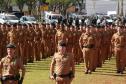 O governador Beto Richa recebeu nesta quinta-feira (29), em Cascavel, os novos 531 soldados e bombeiros militares que reforçarão o policiamento nos 94 municípios das regiões Oeste e Sudoeste, pertencentes ao 5º Comando Regional da Polícia Militar (CRPM). Cascavel, 29/05/2014.Foto: Daniel Meneghetti/PMPR