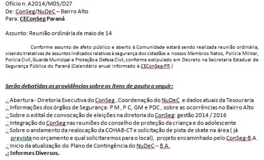 Reunião Ordinária do CONSEG Bairro Alto