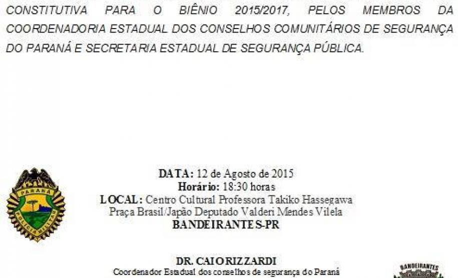 Diretoria do CONSEG de Bandeirantes será empossado hoje Convite